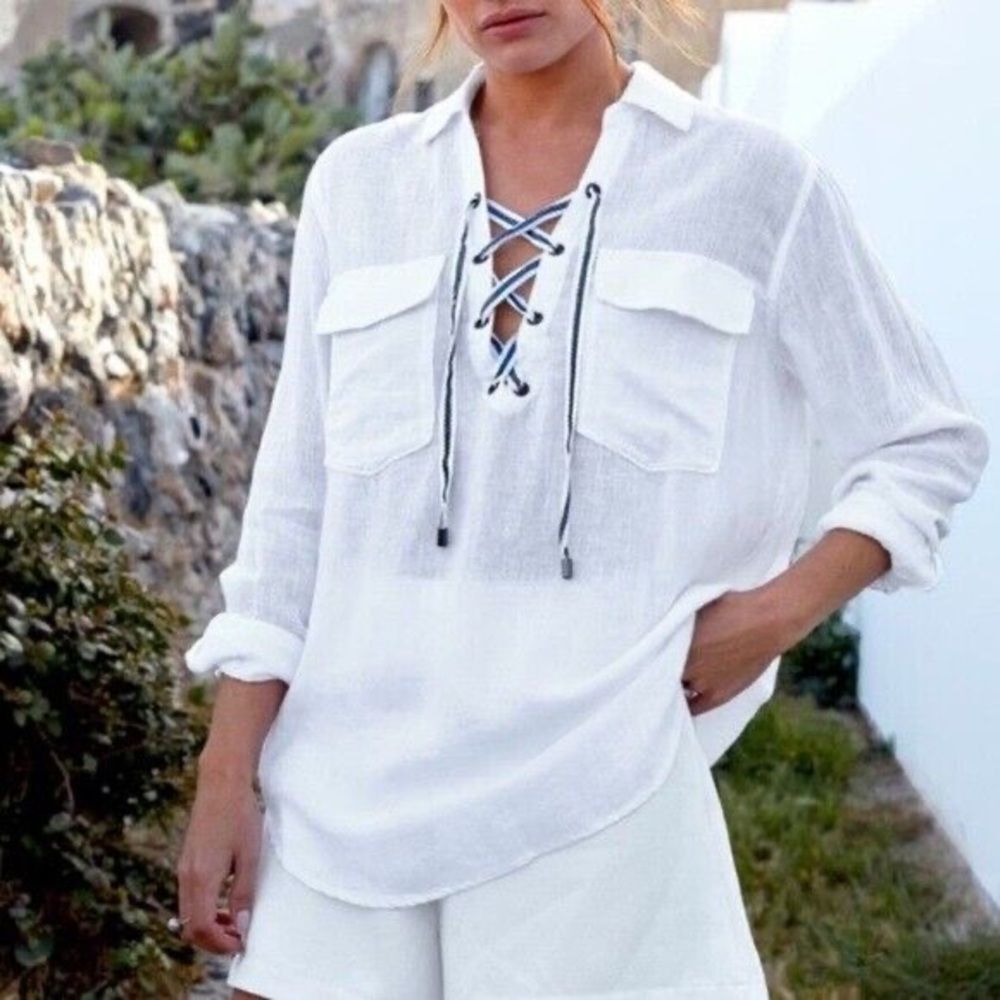 Rails Mattea White lace up linen blend long sleeve top size XS